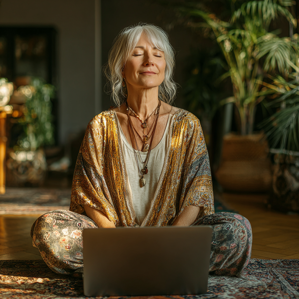 Жінка 62 років практикує йогу онлайн вдома перед ноутбуком