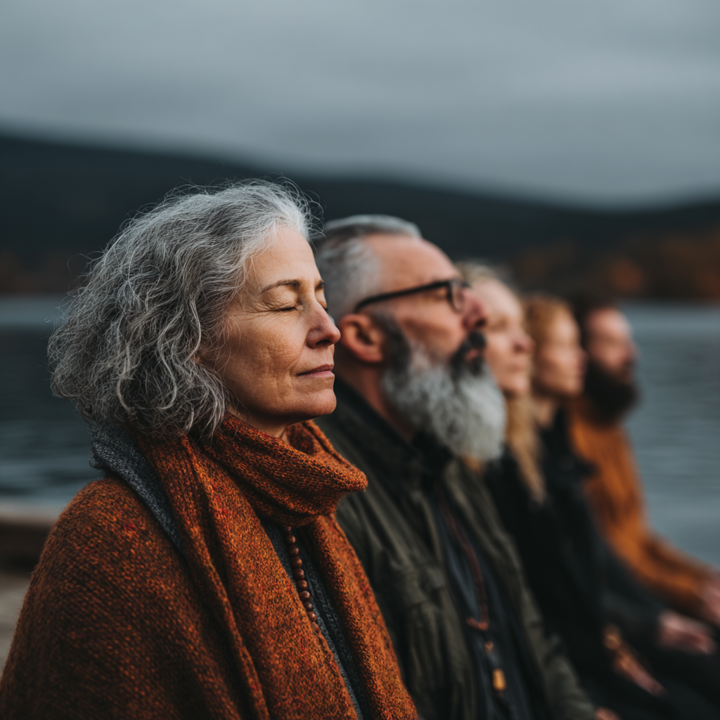 Група людей віком 50-60 років в медитації на природі