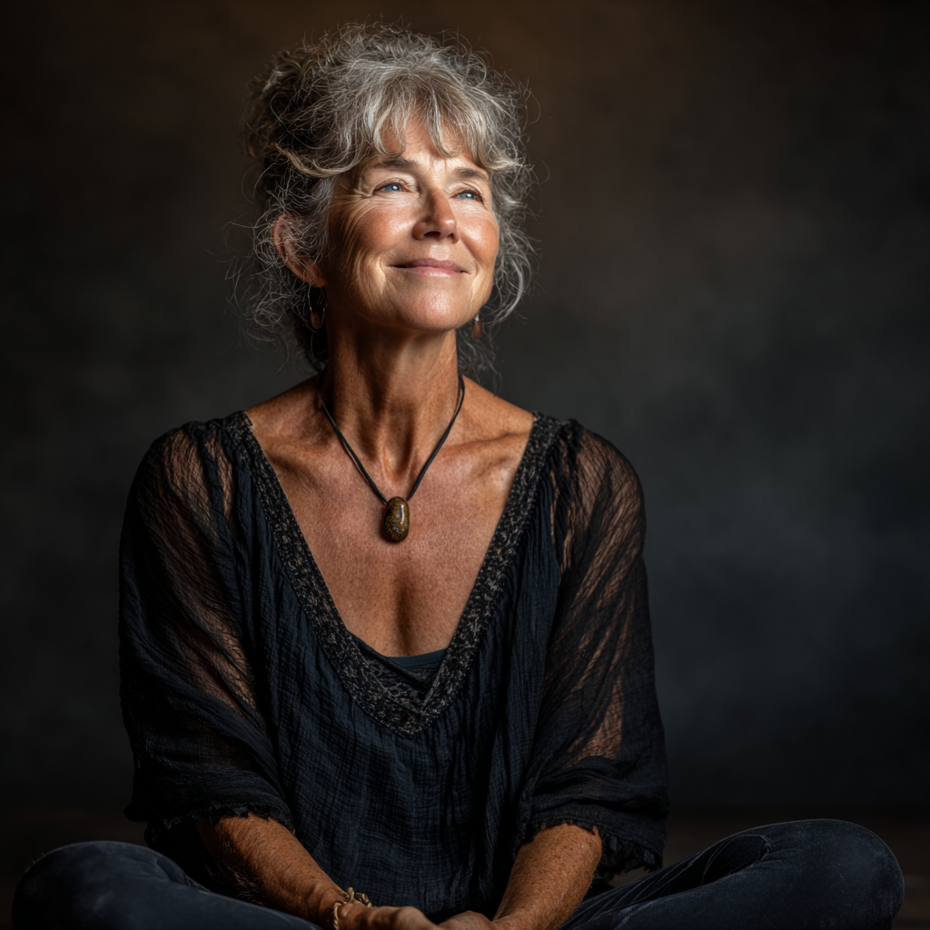 Жінка віком 55 років в позі лотоса на йога-коврику, м'яке освітлення студії